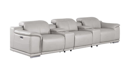 134" Light Gray Top Grain Leather Reclining USB Sofa And Storage