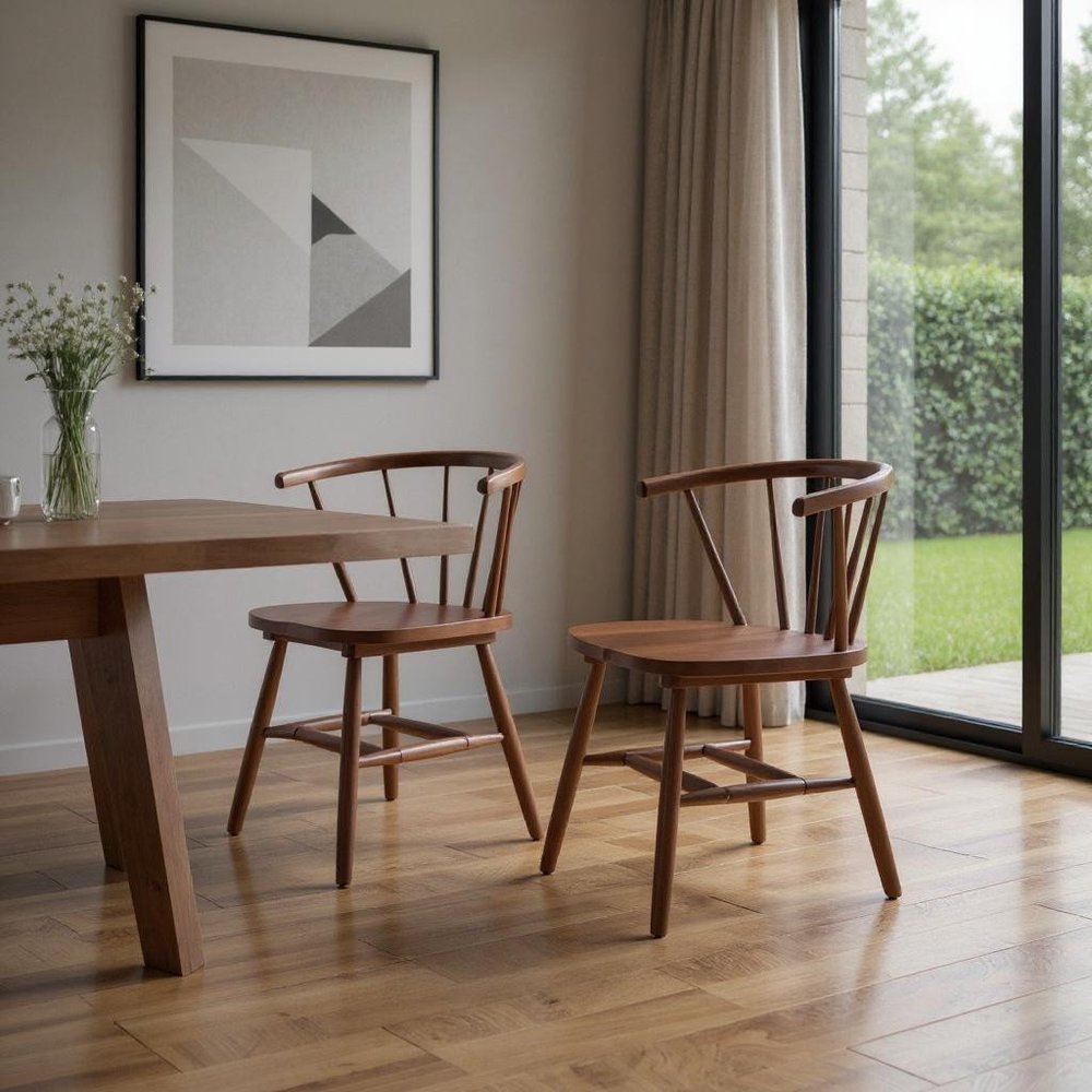 Set of Two Walnut and Brown Solid Wood Slat Back Dining Side Chairs