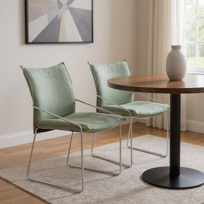 Set of Two Green and Silver Upholstered Dining Arm Chairs