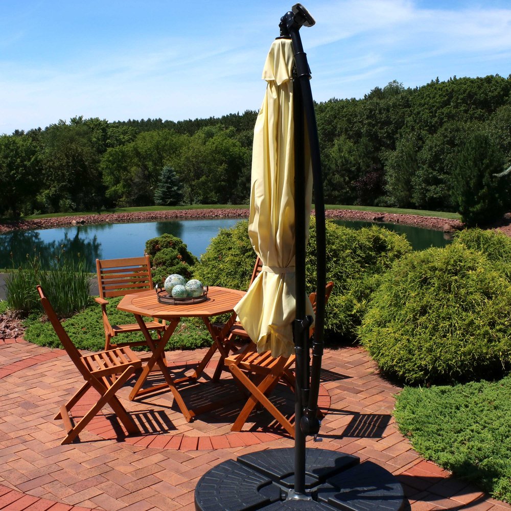 95" Cream Polyester Octagonal Tilt Lighted Market Patio Umbrella with Stand
