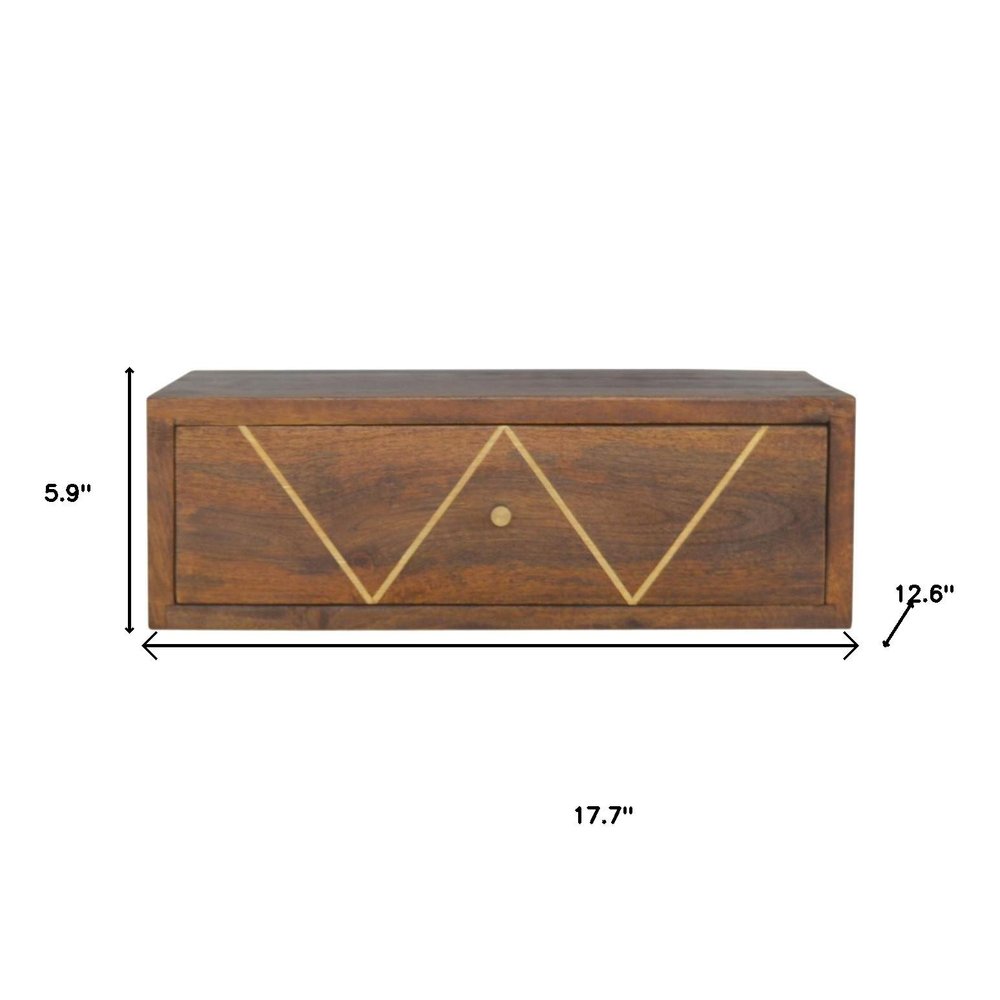 18" Brown Solid Wood Geometric Brass Inlay One Drawer Floating Nightstand
