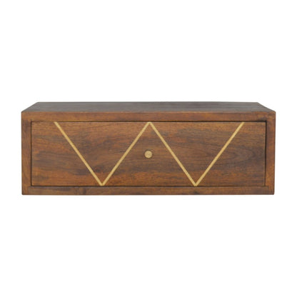 18" Brown Solid Wood Geometric Brass Inlay One Drawer Floating Nightstand