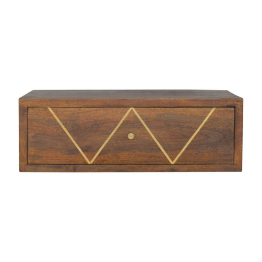 18" Brown Solid Wood Geometric Brass Inlay One Drawer Floating Nightstand