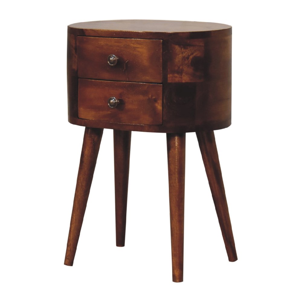 20" Brown Solid Wood Oval Distressed Two Drawer Nightstand