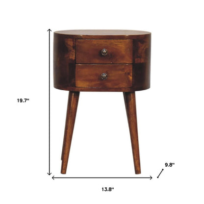 20" Brown Solid Wood Oval Distressed Two Drawer Nightstand