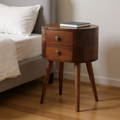 20" Brown Solid Wood Oval Distressed Two Drawer Nightstand