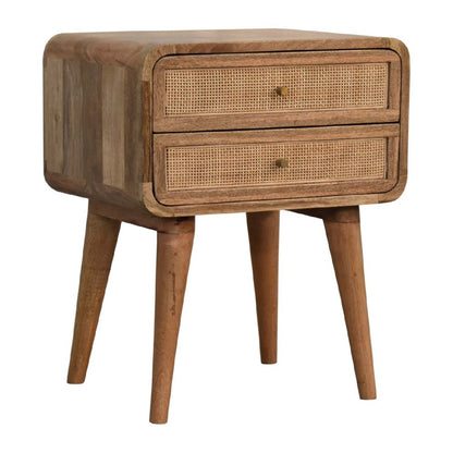 22" Oak Solid Wood And Cane Rattan Two Drawer Nightstand