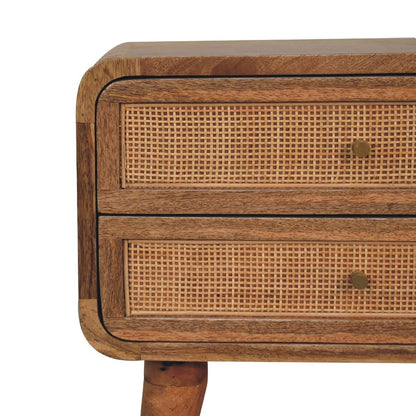22" Oak Solid Wood And Cane Rattan Two Drawer Nightstand