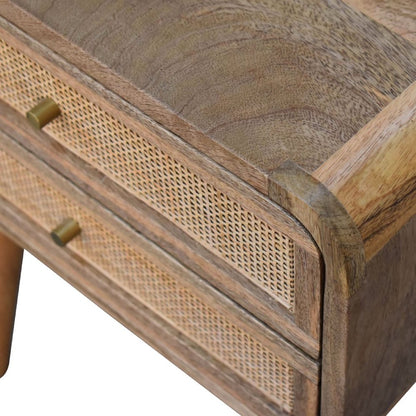 22" Oak Solid Wood And Cane Rattan Two Drawer Nightstand