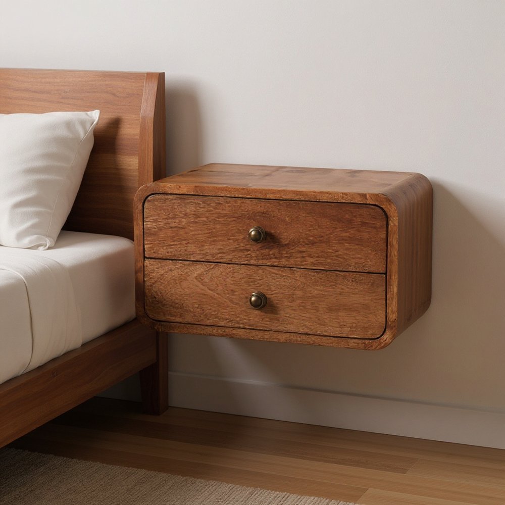 18" Brown Solid Wood Two Drawer Floating Nightstand