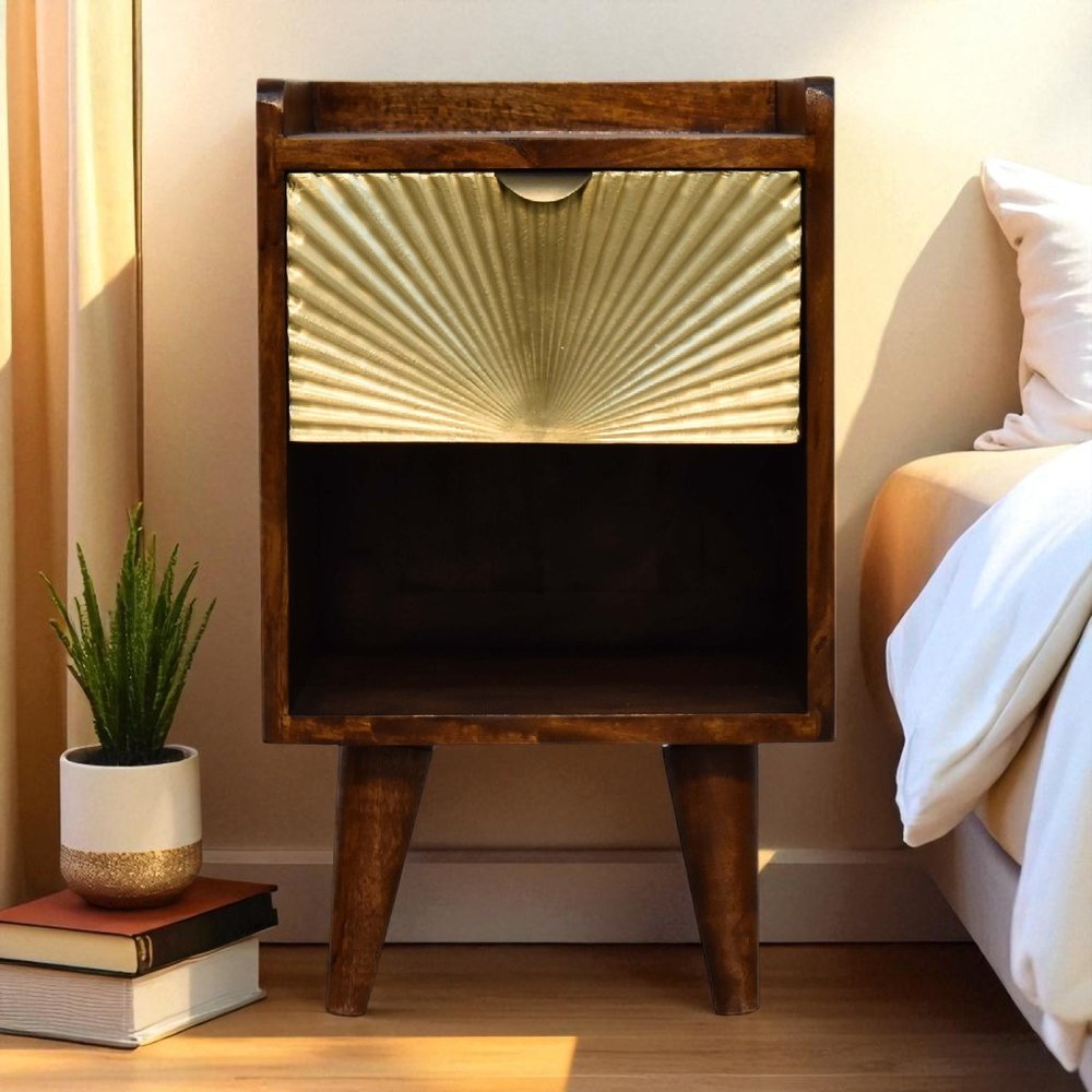 20" Chestnut And Gold Solid Wood Carved Geometric One Drawer Nightstand