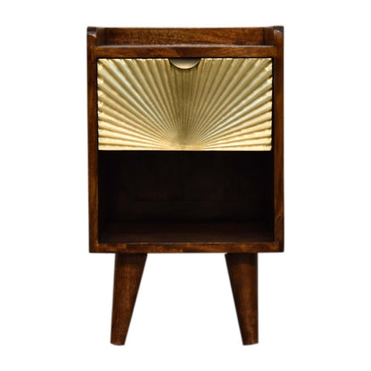 20" Chestnut And Gold Solid Wood Carved Geometric One Drawer Nightstand