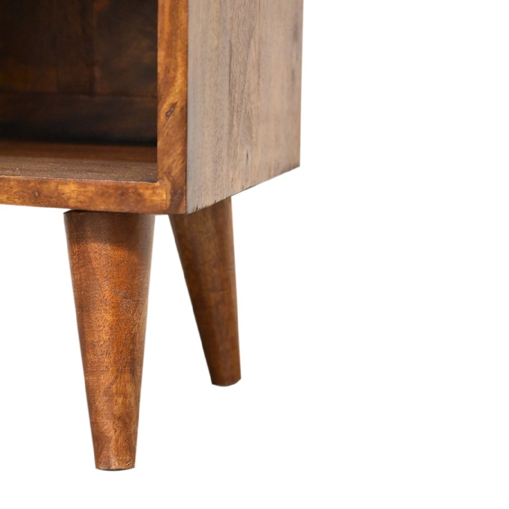 20" Chestnut And Gold Solid Wood Carved Geometric One Drawer Nightstand