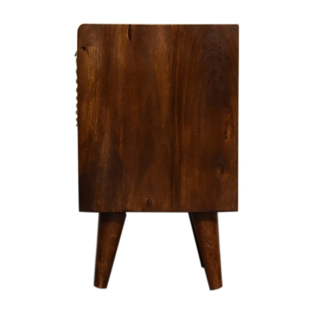 20" Chestnut And Gold Solid Wood Carved Geometric One Drawer Nightstand