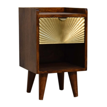 20" Chestnut And Gold Solid Wood Carved Geometric One Drawer Nightstand