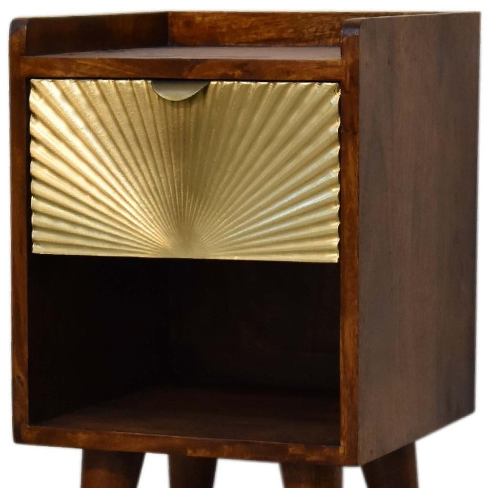 20" Chestnut And Gold Solid Wood Carved Geometric One Drawer Nightstand