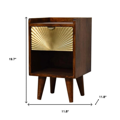 20" Chestnut And Gold Solid Wood Carved Geometric One Drawer Nightstand