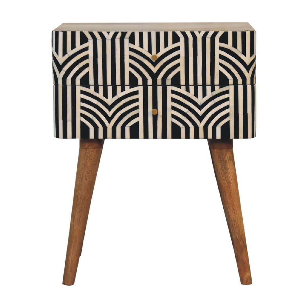23" Black Ivory And Light Brown Solid Wood Geometric Bone Inlay Two Drawer Nightstand