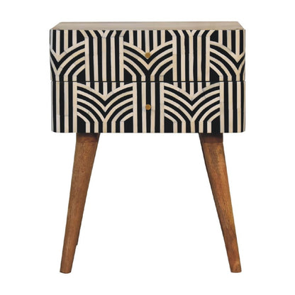 23" Black Ivory And Light Brown Solid Wood Geometric Bone Inlay Two Drawer Nightstand
