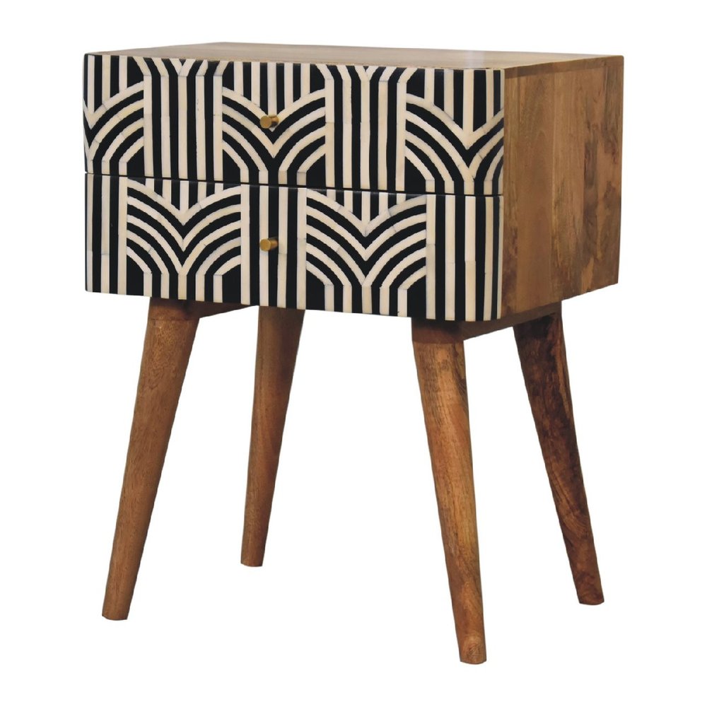 23" Black Ivory And Light Brown Solid Wood Geometric Bone Inlay Two Drawer Nightstand