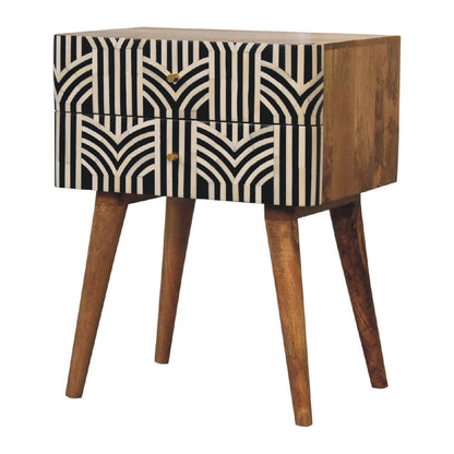 23" Black Ivory And Light Brown Solid Wood Geometric Bone Inlay Two Drawer Nightstand