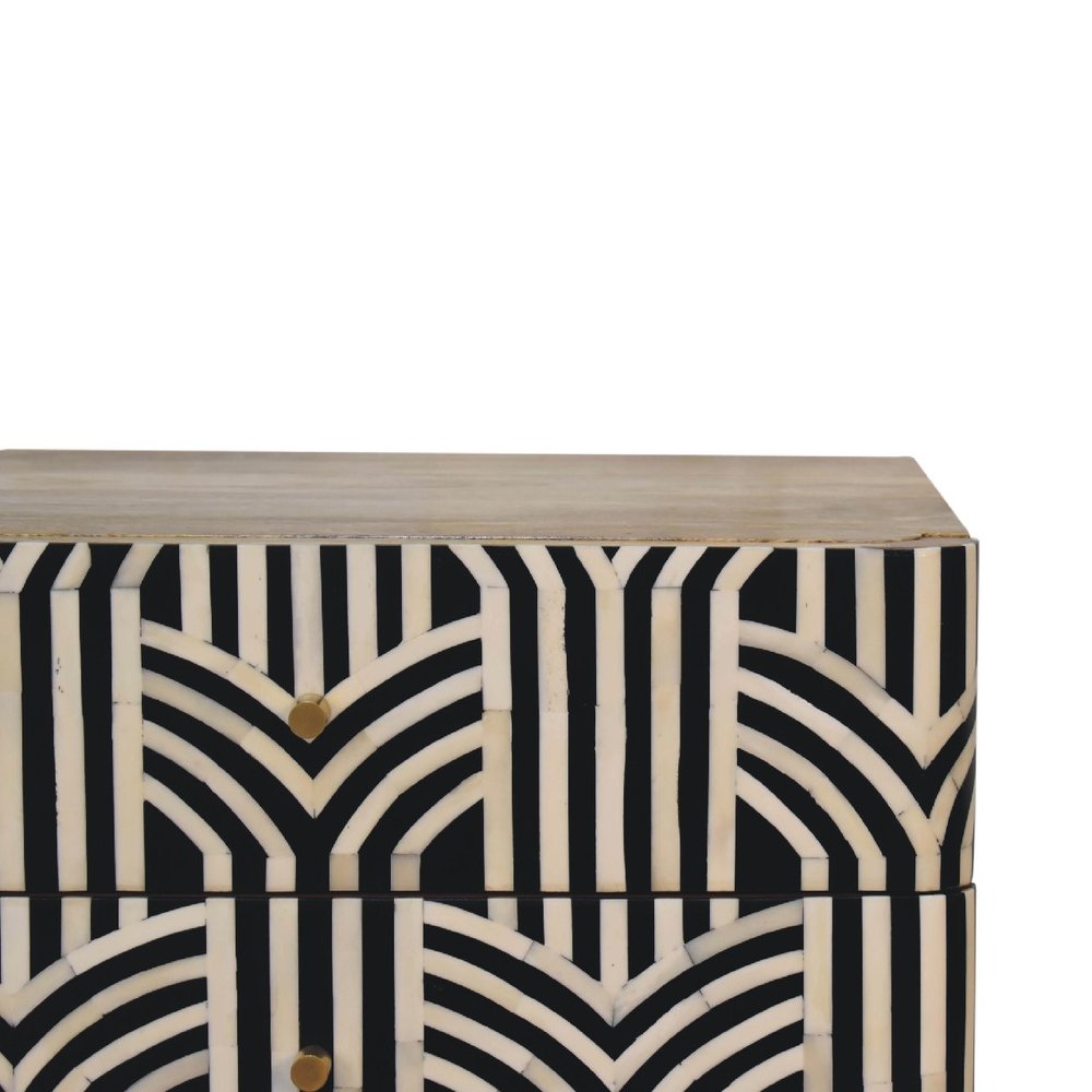 23" Black Ivory And Light Brown Solid Wood Geometric Bone Inlay Two Drawer Nightstand