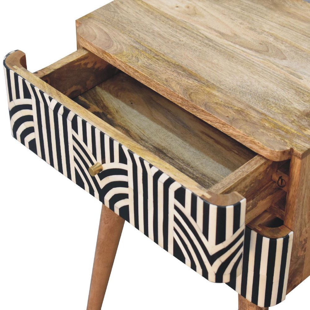 23" Black Ivory And Light Brown Solid Wood Geometric Bone Inlay Two Drawer Nightstand
