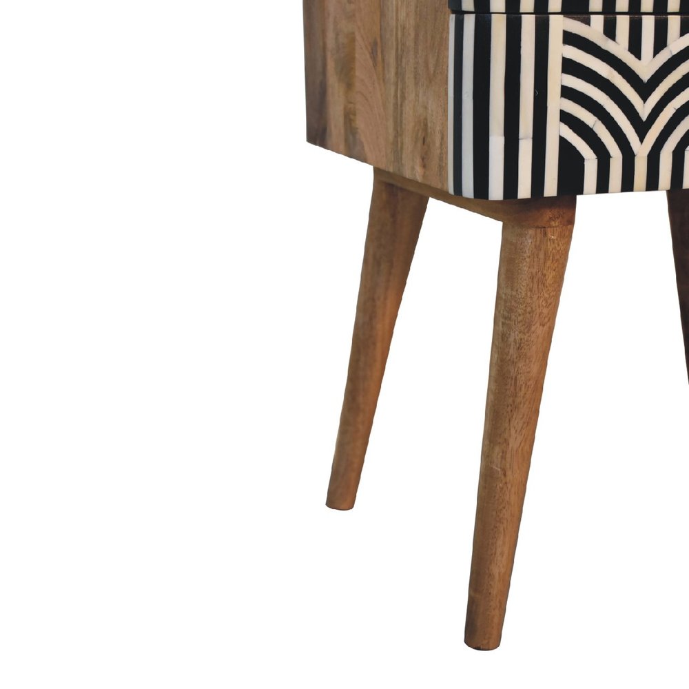23" Black Ivory And Light Brown Solid Wood Geometric Bone Inlay Two Drawer Nightstand