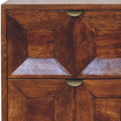 24" Chestnut Solid Wood Square Carved Geometric Two Drawer Nightstand