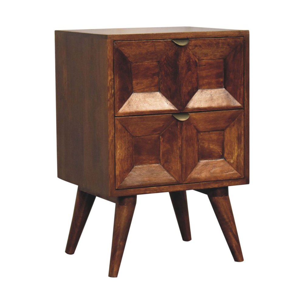 24" Chestnut Solid Wood Square Carved Geometric Two Drawer Nightstand