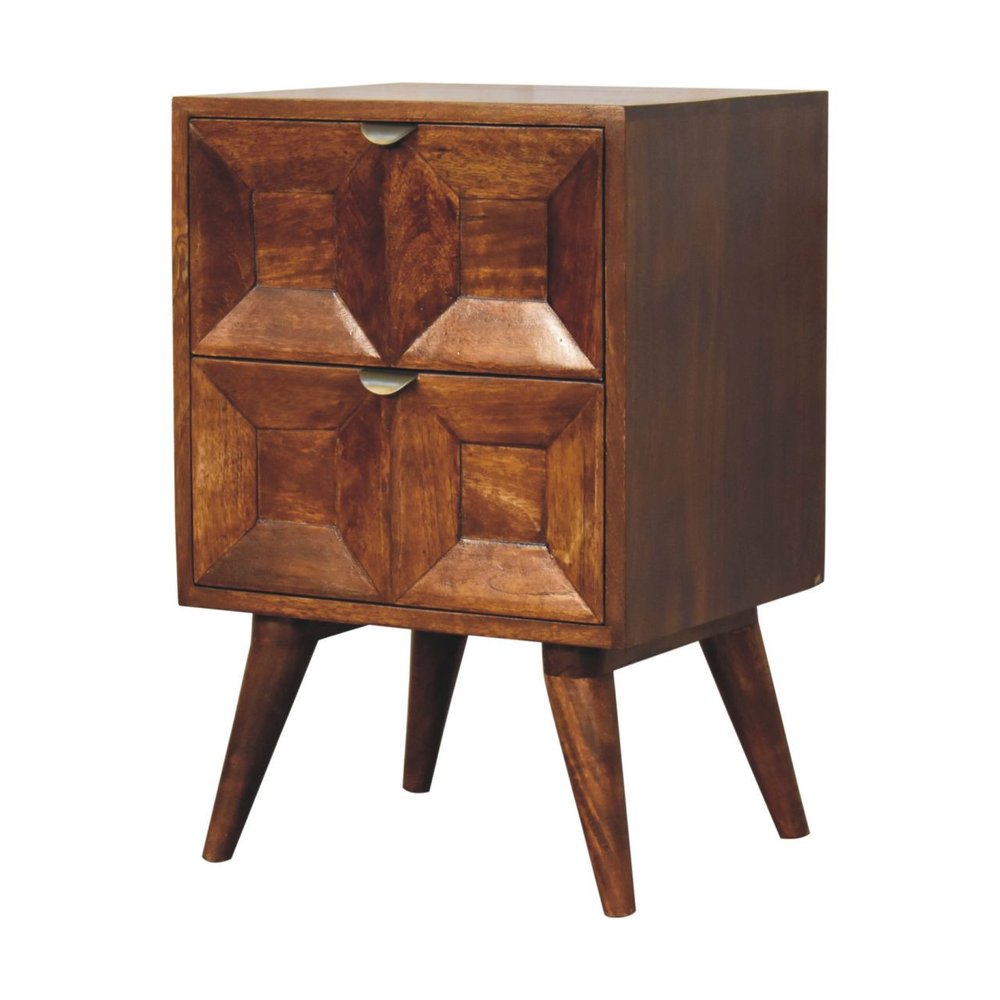 24" Chestnut Solid Wood Square Carved Geometric Two Drawer Nightstand