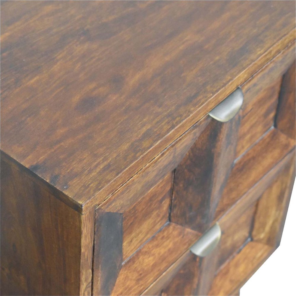24" Chestnut Solid Wood Square Carved Geometric Two Drawer Nightstand