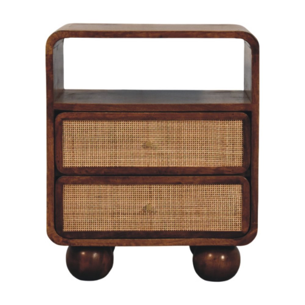 22" Chestnut And Natural Solid Wood Cane Rattan Two Drawer Nightstand
