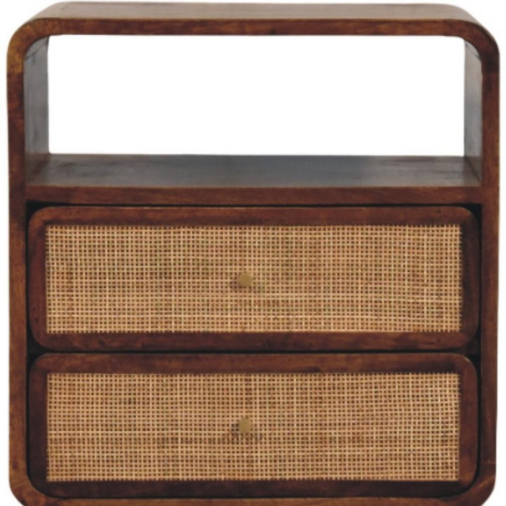 22" Chestnut And Natural Solid Wood Cane Rattan Two Drawer Nightstand