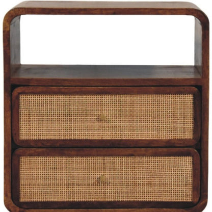 22" Chestnut And Natural Solid Wood Cane Rattan Two Drawer Nightstand