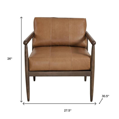 28" Brown Genuine Leather and Solid Wood Arm Chair