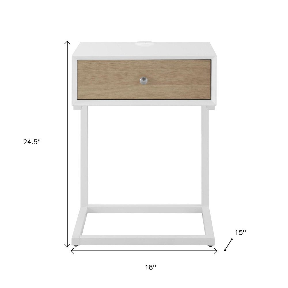 25" White and Natural Wood and Steel End Table With Drawer And USB Port