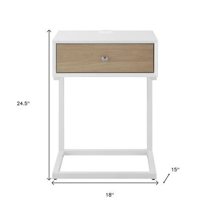 25" White and Natural Wood and Steel End Table With Drawer And USB Port