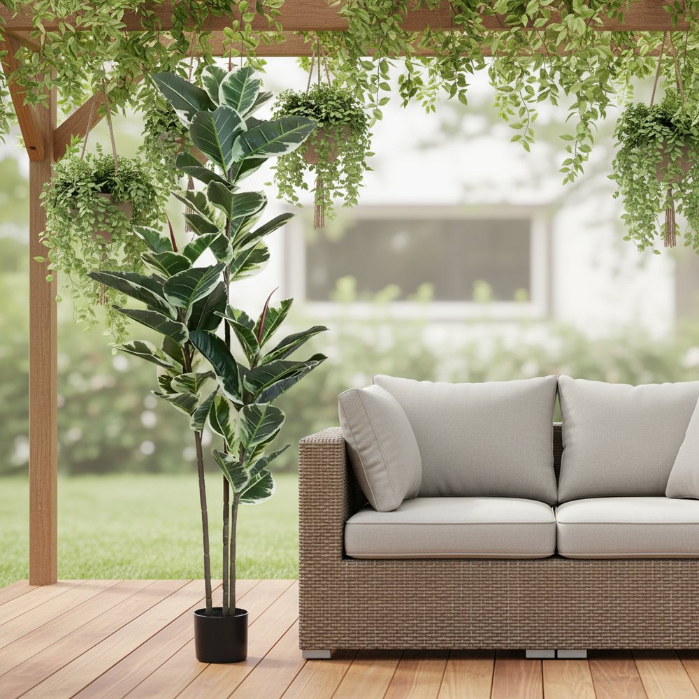 63" Green Artificial Rubber Tree In Cylindrical Black Cement Pot