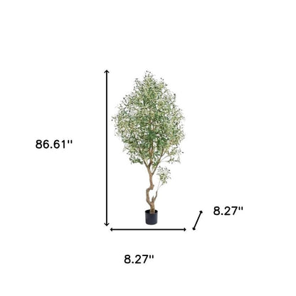 87" Green Artificial Olive Tree In Cylindrical Black Cement Pot