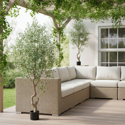 87" Green Artificial Olive Tree In Cylindrical Black Cement Pot