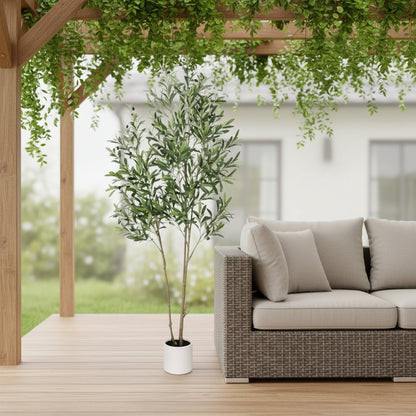 71" Green Artificial Olive Tree In Cylindrical White Cement Pot