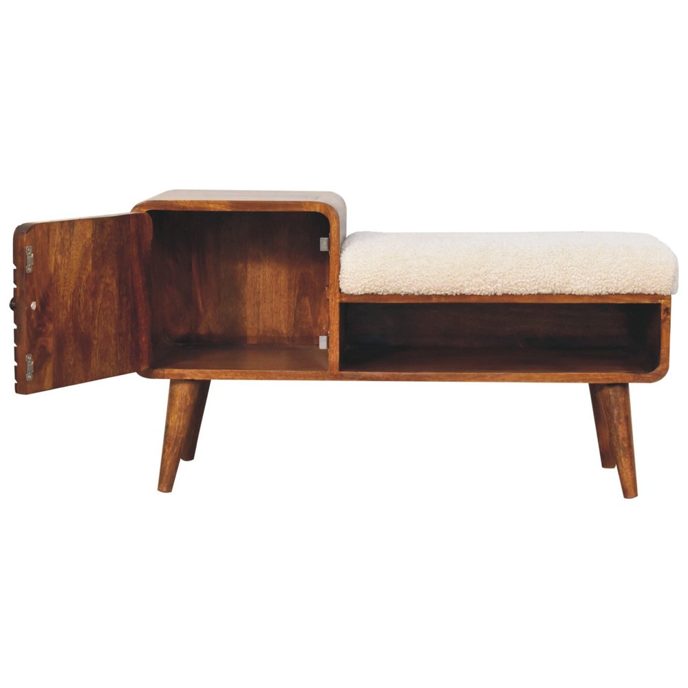 35" Cream and Chestnut Boucle and Solid Wood Upholstered Bench With Cabinet And Shelf