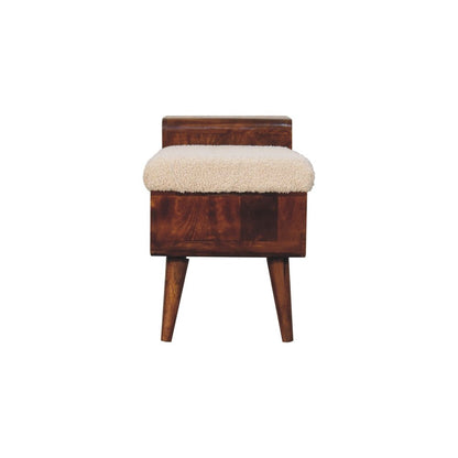 35" Cream and Chestnut Boucle and Solid Wood Upholstered Bench With Cabinet And Shelf