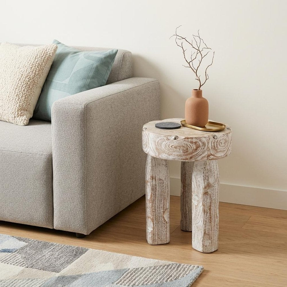 19" White Distressed Solid Wood Round End Table