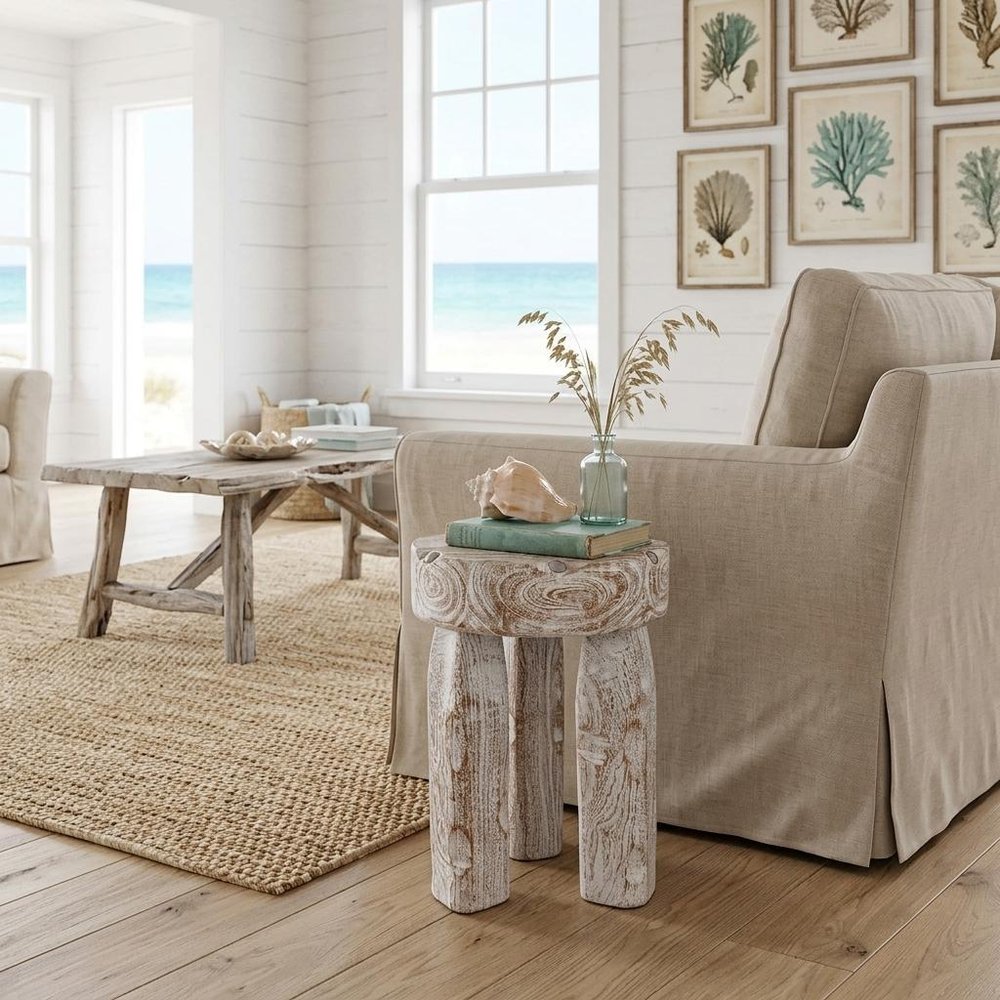 19" White Distressed Solid Wood Round End Table