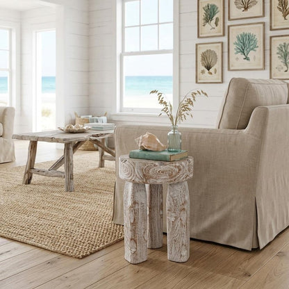 19" White Distressed Solid Wood Round End Table