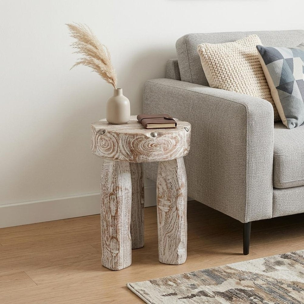 19" White Distressed Solid Wood Round End Table