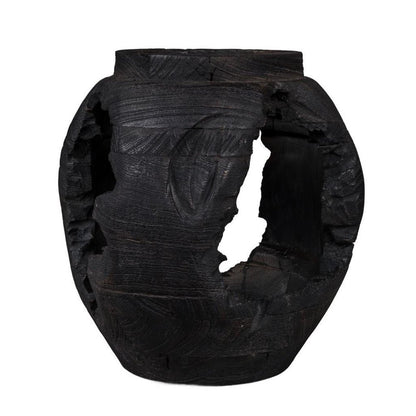 14" Black Solid Wood Table Vase With Sculptural Details