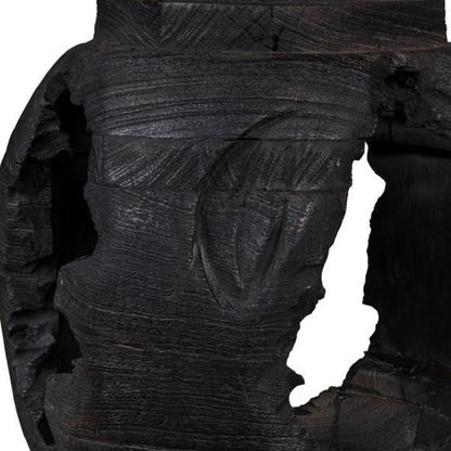 14" Black Solid Wood Table Vase With Sculptural Details